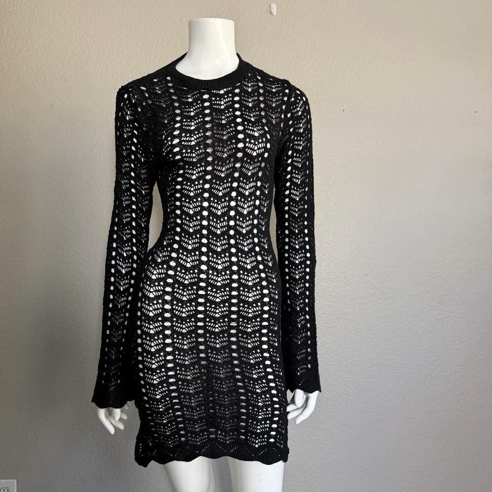 Nasty Gal Black Crochet Open Back Mini Dress Bell Sleeve Sheer NWT Swim Cover Up - Picture 2 of 7